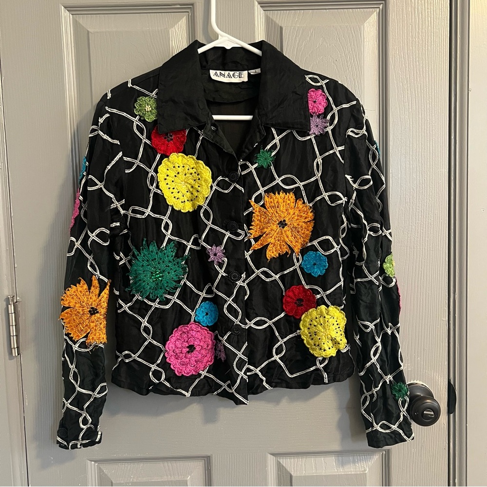 Anage Women's Black Silk Jacket Colorful Floral Accents